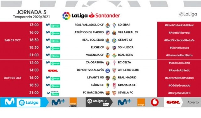 Ya se conocen los horarios de la jornada 5 de LaLiga