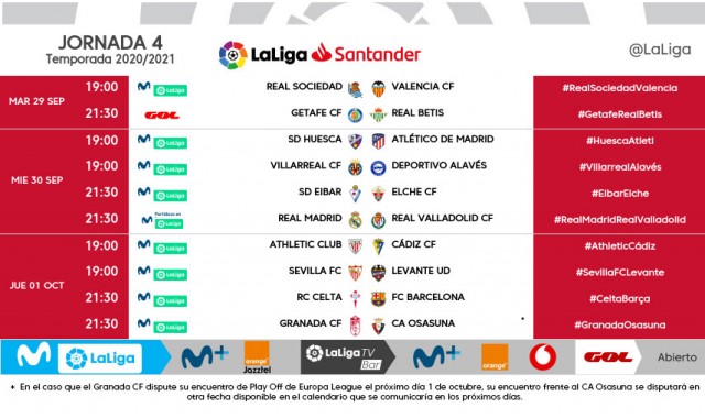 Estos son los horarios de la jornada 4 en LaLiga