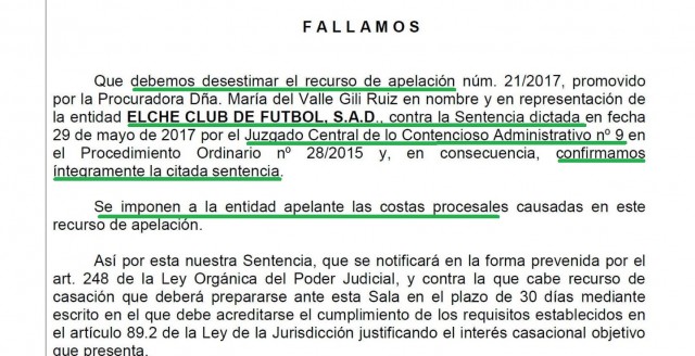 La Audiencia Nacional también confirma el descenso administrativo del Elche