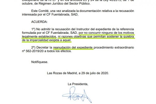 Se retoma el expediente contra el Fuenlabrada tras no admitir Competición la recusación del instructor