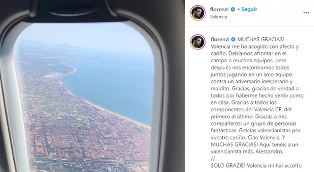 Florenzi se despide del Valencia en redes sociales