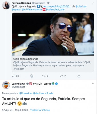 El Valencia CF responde a Patricia Campos tras su artículo 'Ojalá bajen a Segunda' 