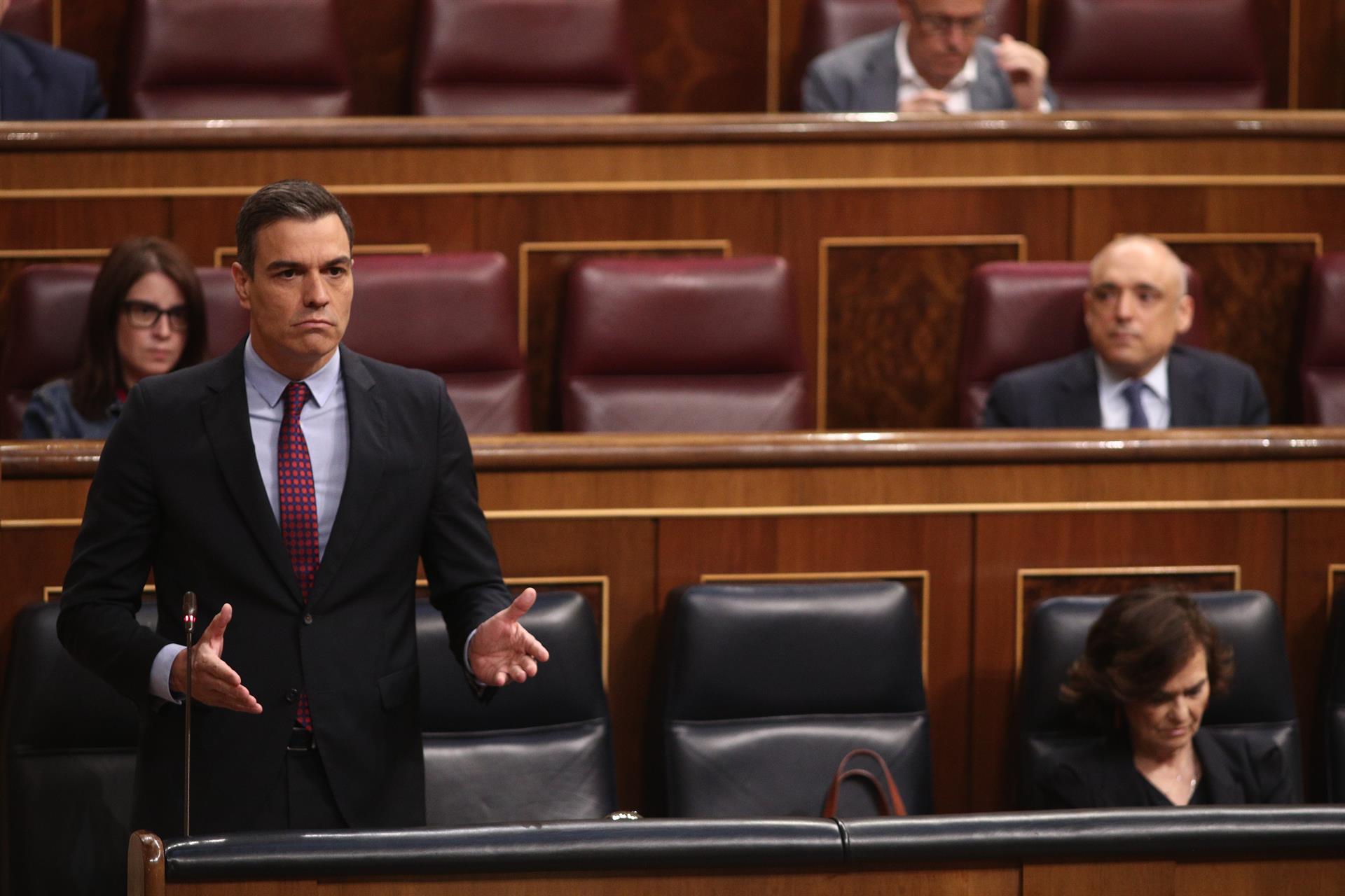 El presidente del Gobierno, Pedro Sánchez, durante su intervención en el Pleno del Congreso de los Diputados este miércoles Foto: E. PARRA (EP) - 
