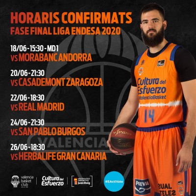 Estos son los horarios de los partidos de Valencia Basket en la fase de grupos por el título