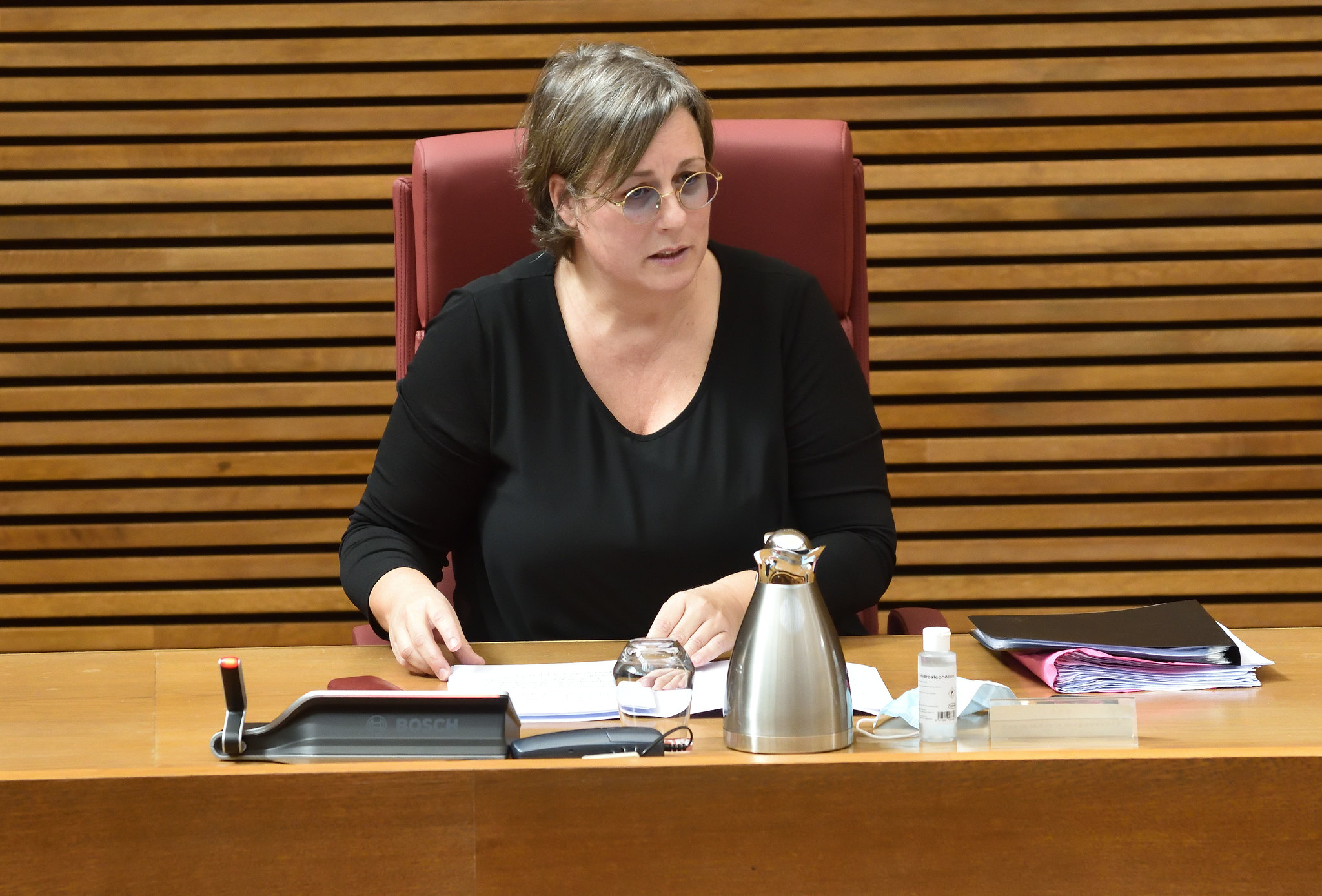 María José Mira. comisionada de Ximo Puig para las compras por el coronavirus, en su comparecencia de este lunes en Les Corts. Foto: INMA CABALLER (Les Corts) - 