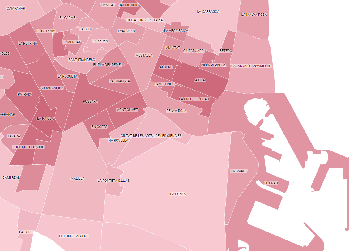 La salida de los niños, por barrios en València: mayor densidad en Camins al Grao, menor en Algirós