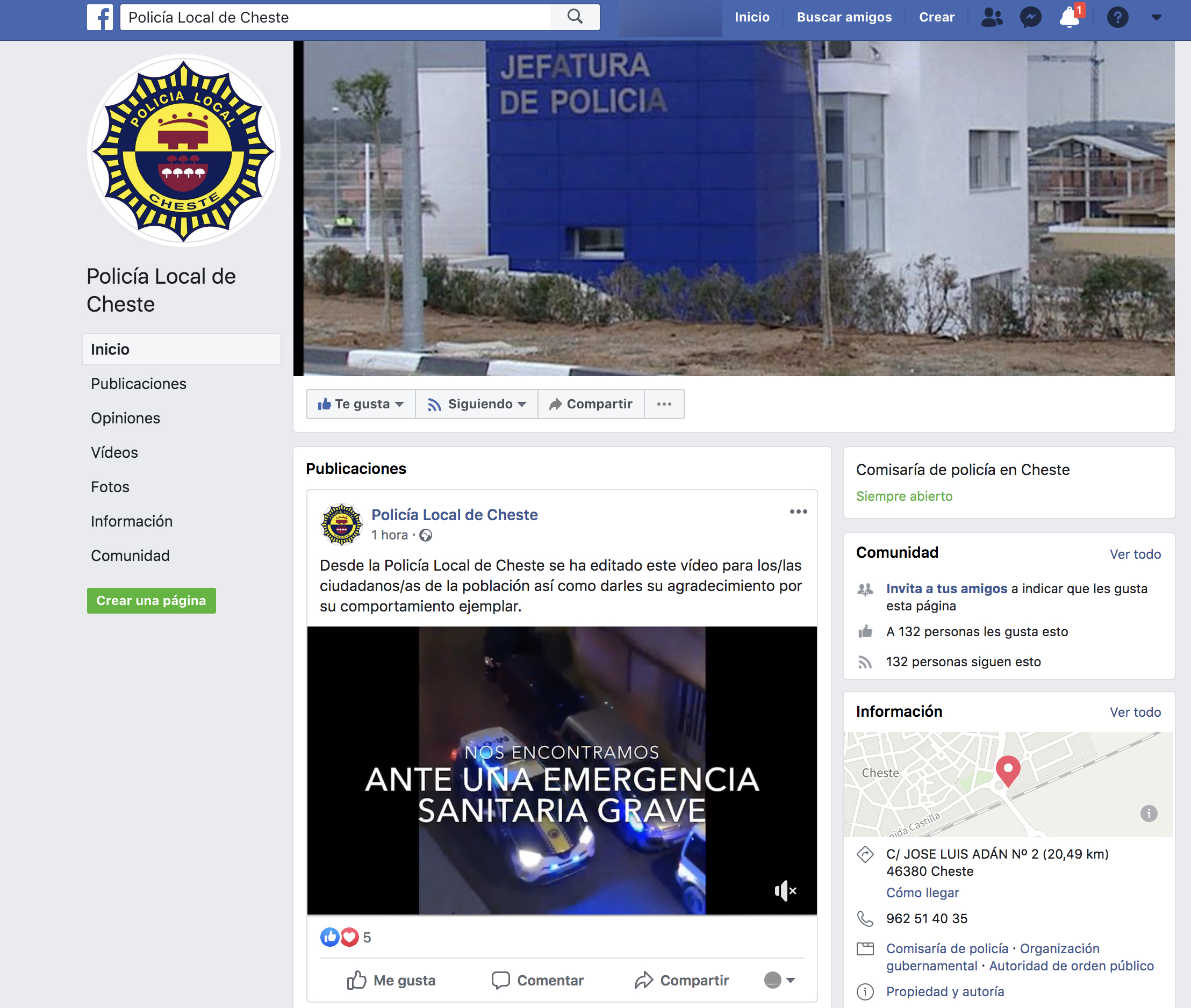 La Policía Local de Cheste gestionará una página de Facebook con información para la ciudadanía
