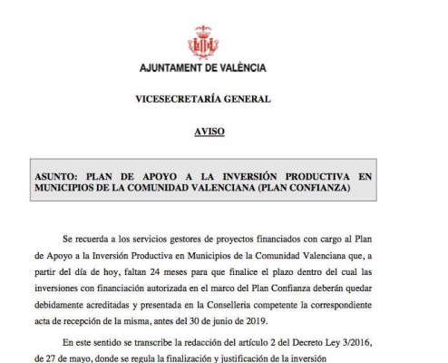 València avisa a todas sus concejalías de que las obras del Plan Confianza deben estar en 24 meses