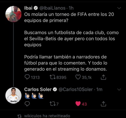 Carlos Soler, Courtois, Sergi Roberto, Borja Iglesias o Reguilón se apuntan a la iniciativa solidaria de Ibai Llanos