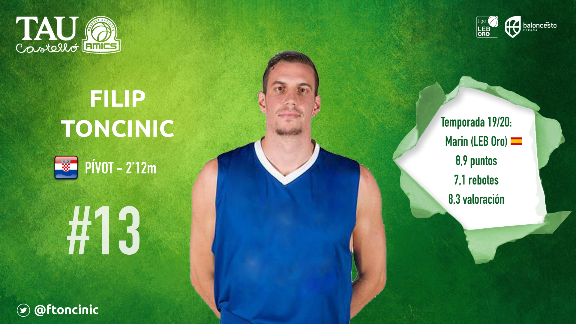 Filip Toncinic, nuevo pívot del TAU tras la marcha de Aleksandar Marcius por motivos personales 