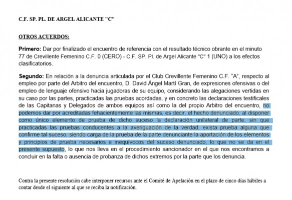 No sancionan al árbitro del Crevillente Femenino-SPA Alicante por falta de pruebas
