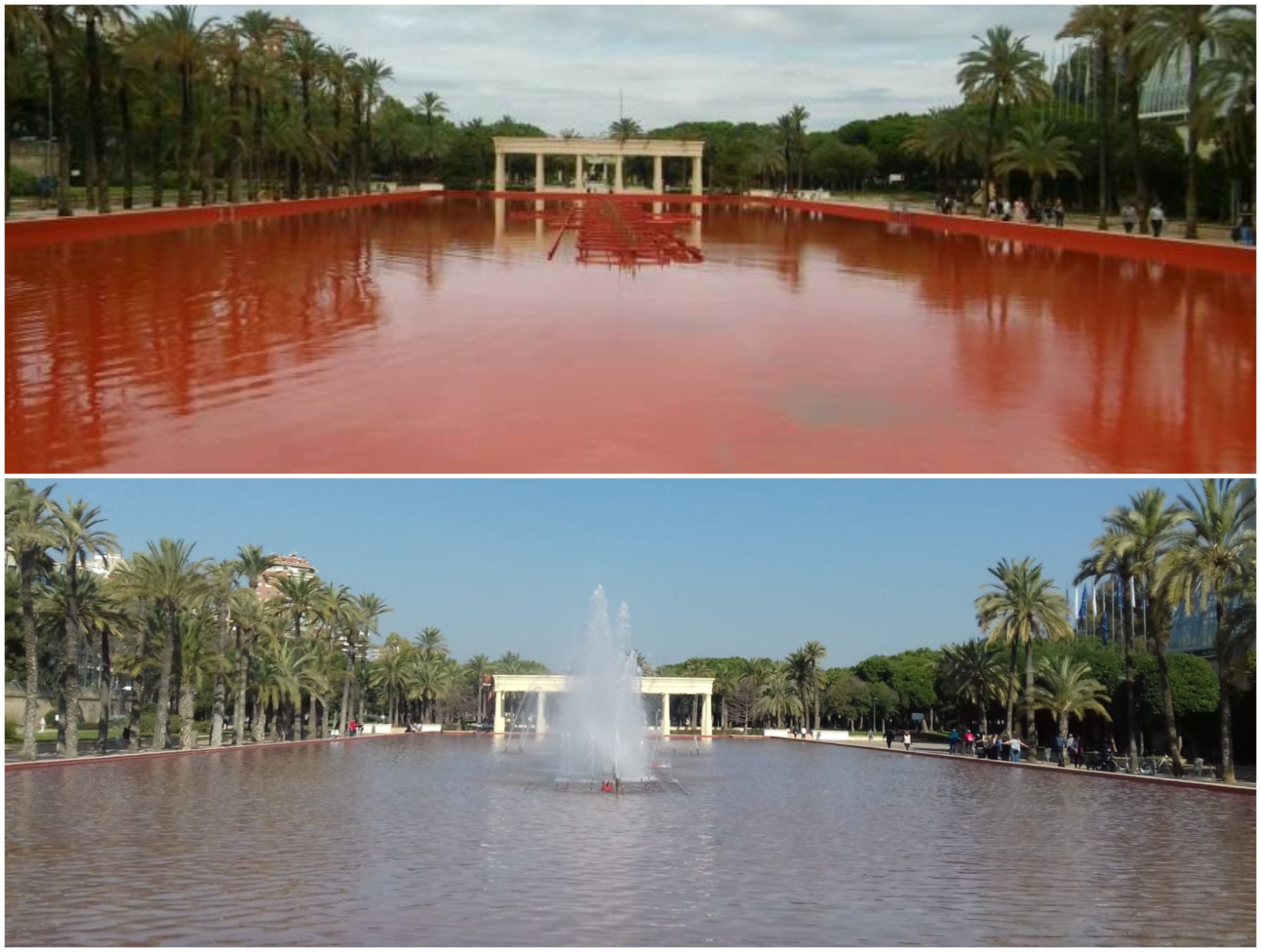La fuente del Palau de la Música diseñada por Ricardo Bofill pierde su color rojo por la suciedad