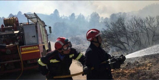 Medios terrestres y aéreos trabajan en la extinción de un incendio declarado en Vall d'Alba