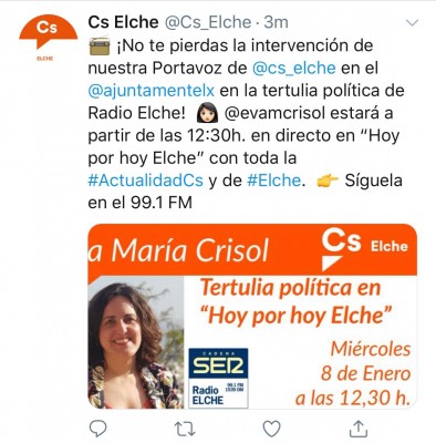 Las redes de Ciudadanos Elche ya toman a Eva Crisol como la portavoz del grupo municipal
