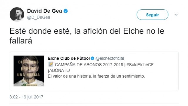 David de Gea apoya la campaña de abonos del Elche


