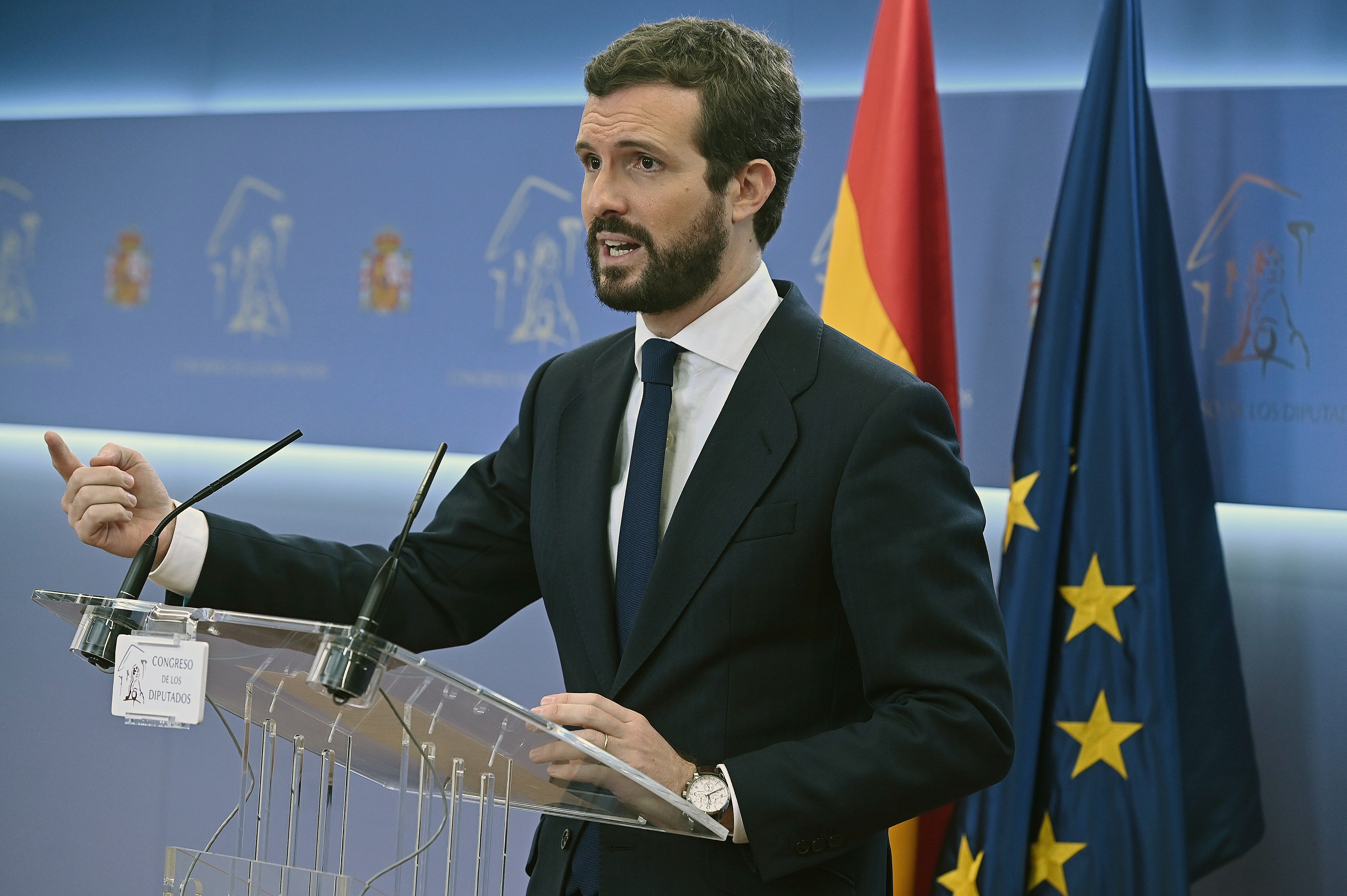 Pablo Casado, líder del PP, durante su comparecencia ante los medios este lunes. Foto: EFE - 