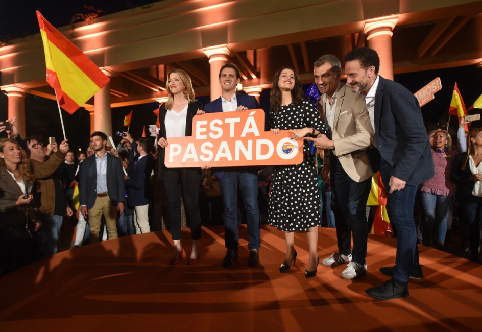 Muñoz, Rivera, Arrimadas y Cantó durante el mitin de abril en València. Foto: EDUARDO MANZANA - 