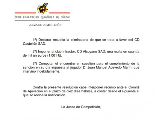 Competición deja fuera al Alcoyano de la Copa RFEF por alineación indebida de Juanma Acevedo