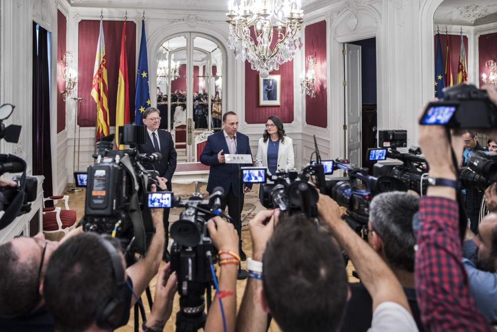 Primera rueda de prensa de Puig, Oltra y Dalmau meses atrás. Foto: EVA MÁÑEZ - 