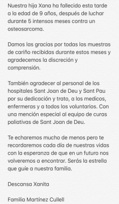 Luis Enrique anuncia el fallecimiento de su hija Xana