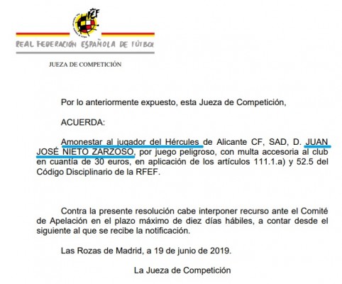 Competición no le quita la amarilla a Juanjo Nieto que seguirá apercibido de suspensión
