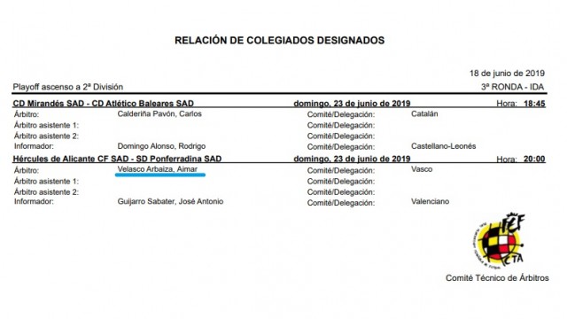 El árbitro llodiano Aimar Velasco Arbaiza dirigirá el Hércules-Ponferradina de este domingo