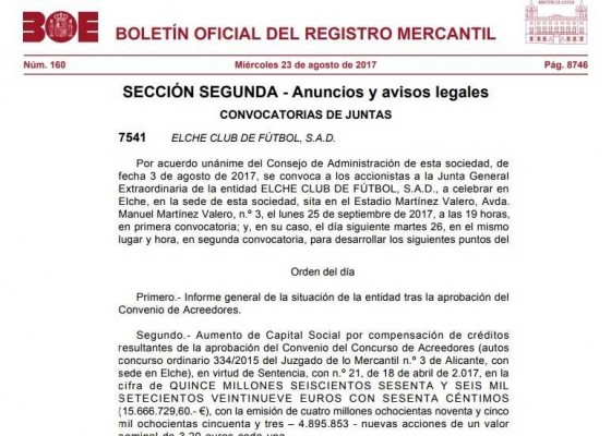 La polémica junta extraordinaria de accionistas del Elche se celebrará el 25 de septiembre