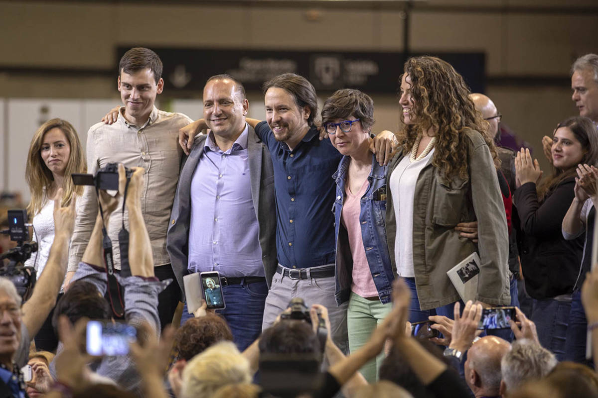 Martínez, Dalmau, Iglesias, Lima y Gascó, en el mítin de Podem para el 28A. Foto: MARGA FERRER - 