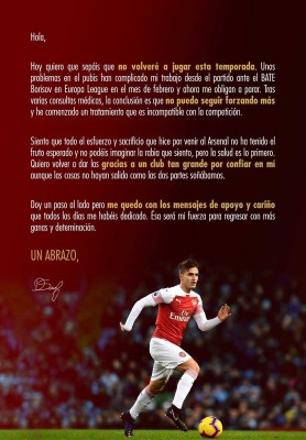 Denis Suárez anuncia que no volverá a jugar con el Arsenal esta temporada