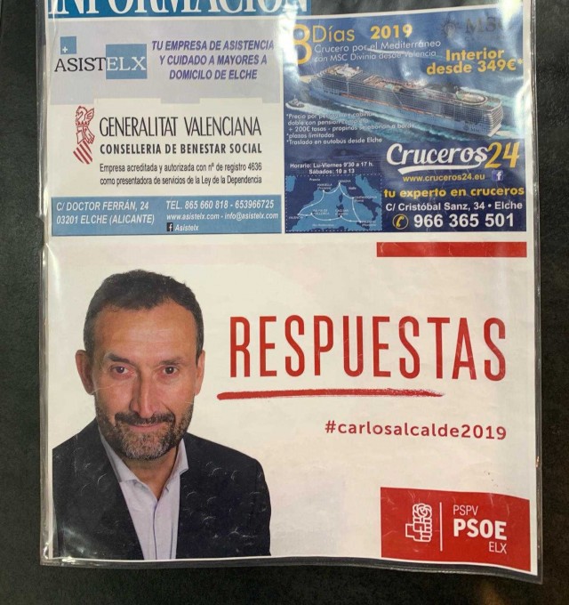 La Junta Electoral ordena que se retire propaganda municipal que el PSOE de Elche ha utilizado en bares