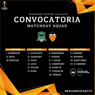 Kondogbia vuelve a la convocatoria y Parejo, Roncaglia y Garay se quedan fuera 