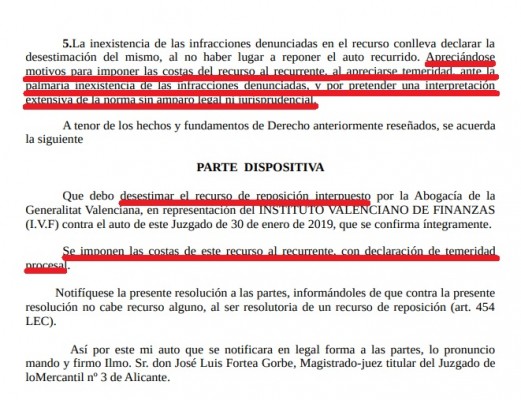 Condena en costas con declaración de temeridad