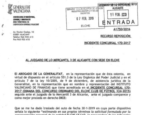 El IVF solicita al juez que anule el levantamiento de la suspensión cautelar del convenio del Elche