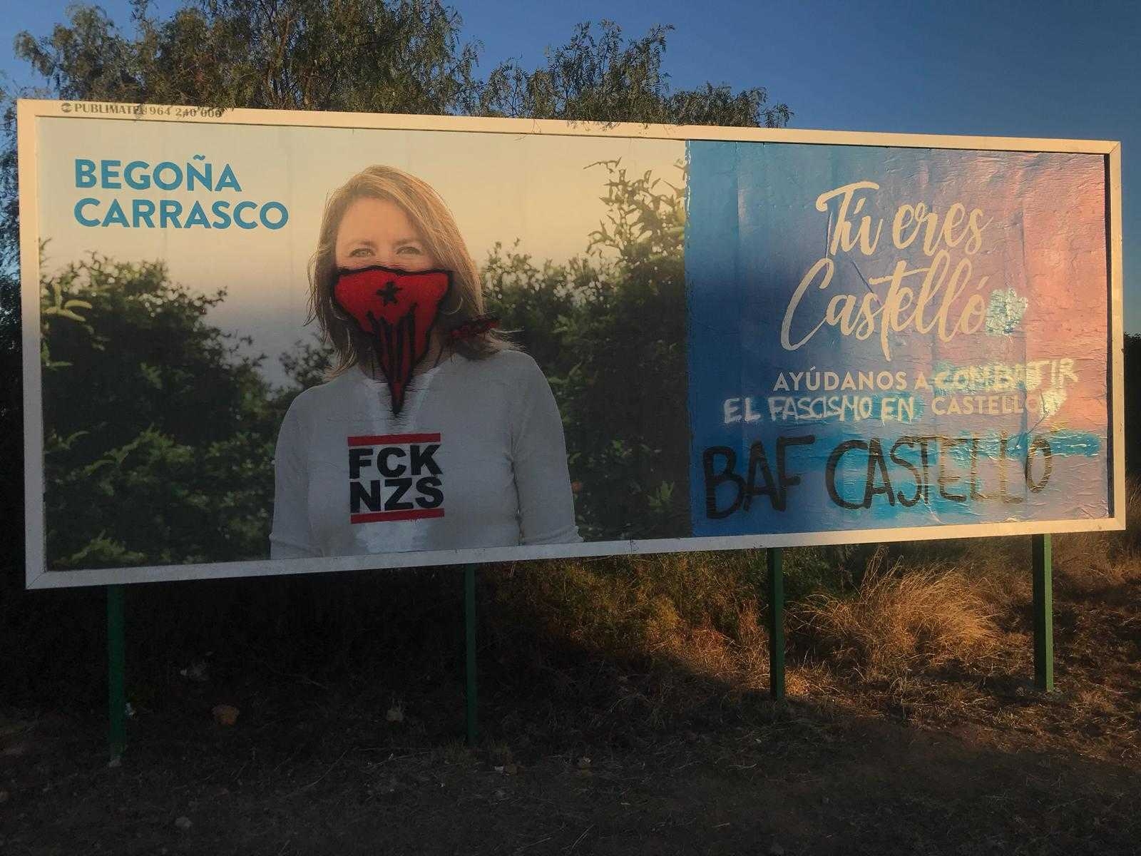 Una valla publicitaria de la alcaldable del PP en Castellón amanece con pintadas antifascistas 