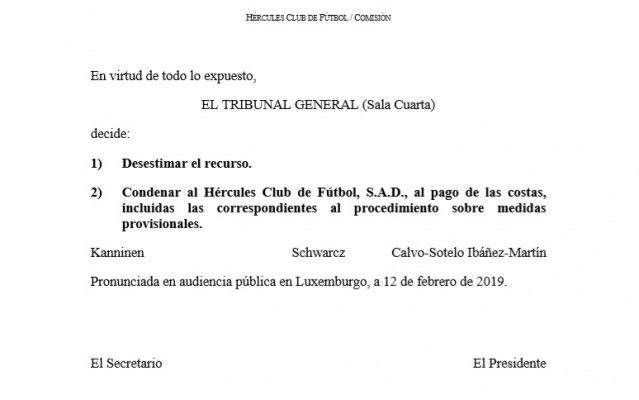 Luxemburgo desestima el recurso del Hércules y le condena al pago de las costas