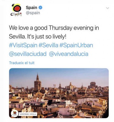 España promociona en Twitter el turismo en la ciudad de Sevilla con una foto de València