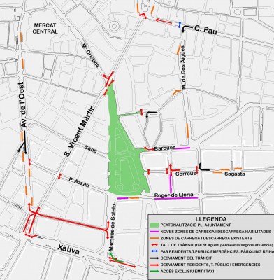 A partir de este sábado la plaza del Ayuntamiento de València queda cerrada a los coches