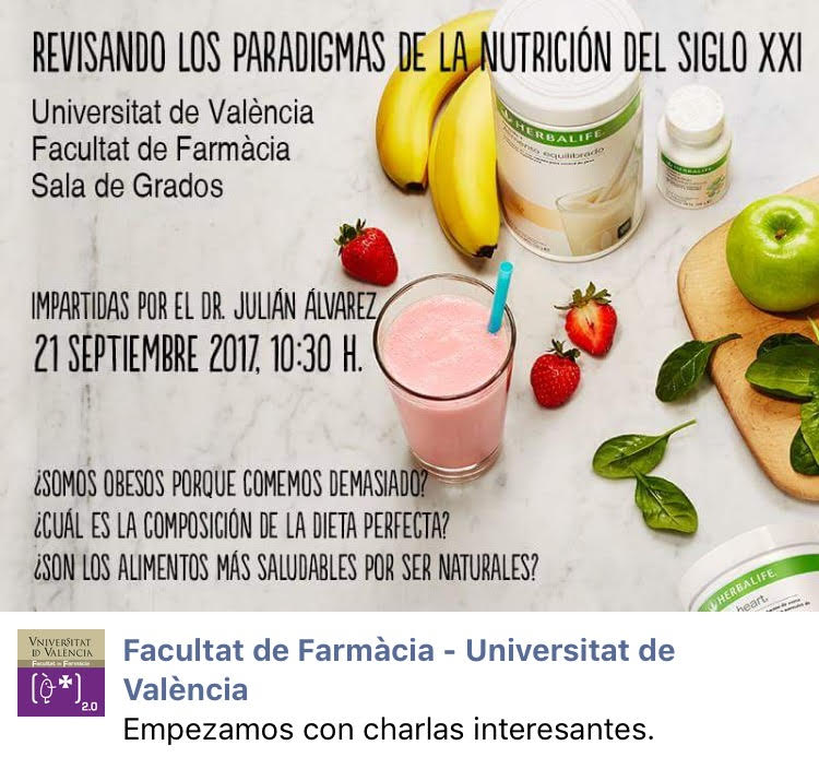 La Facultad de Farmacia de la Universitat de València cancela la charla organizada por Herbalife