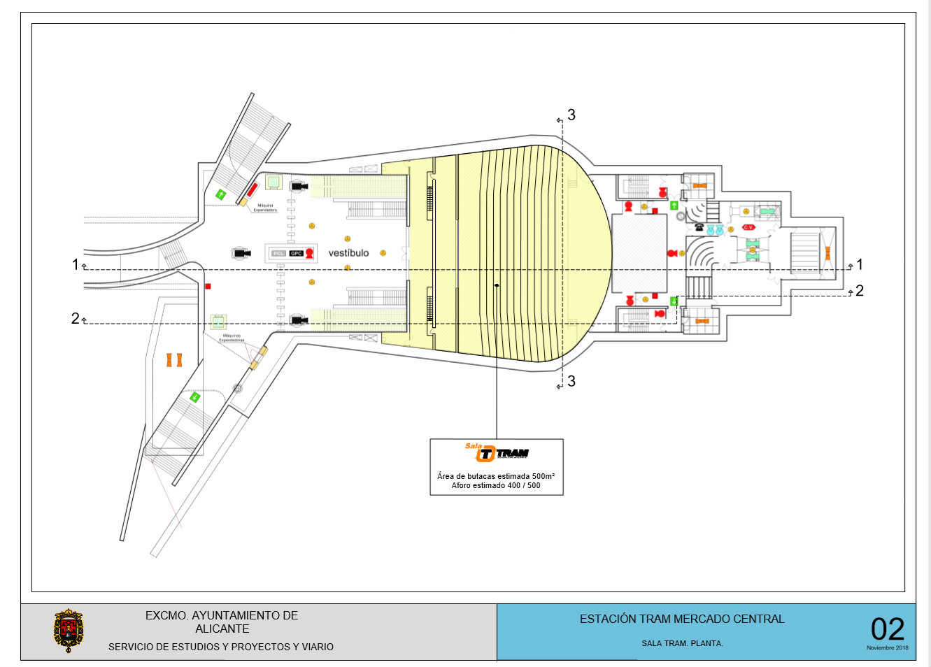 La planta de la sala en la Estación de Mercado, con descripción del patio de butacas y de su capacidad.  - 