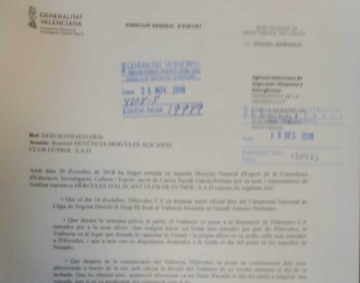 Emergencias recibe de Deportes la denuncia del Hércules y estudia expedientar al Valencia