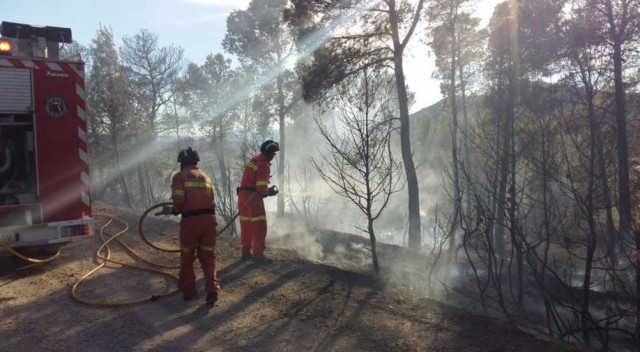 Medios terrestres y aéreos trabajan en la extinción de un fuego forestal de 7.500 m2 en Andilla