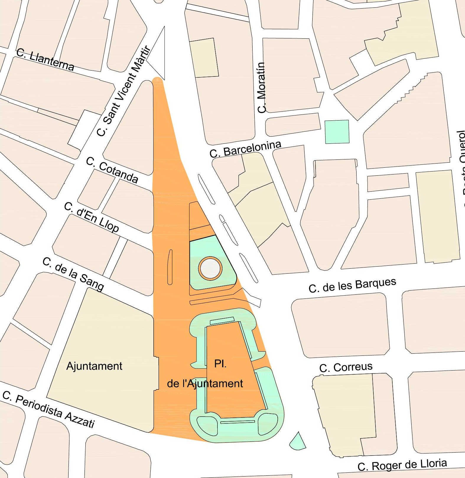 Figuración en el mapa de cómo quedará la Plaza del Ayuntamiento, con la zona peatonalizada en naranja. - 