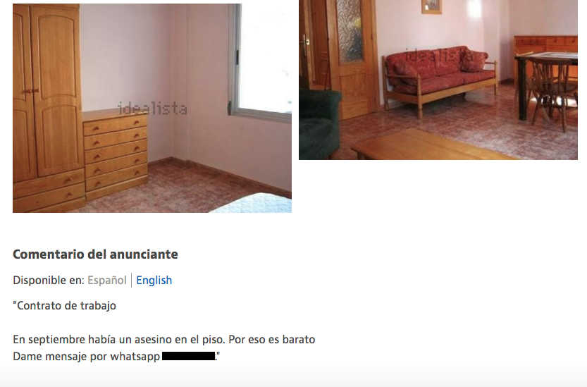 Captura del portal inmobiliario en el que podía leerse este anuncio. - 