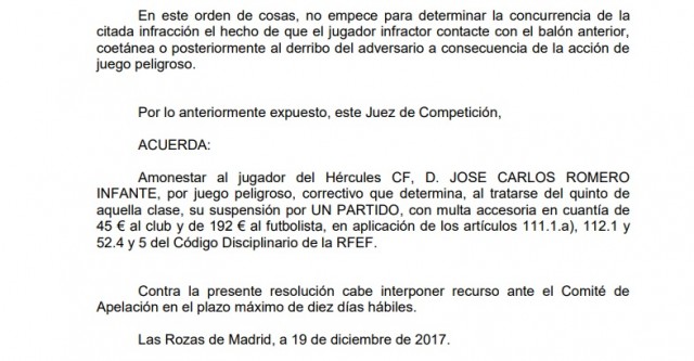Competición desestima las alegaciones del Hércules y Checa no jugará en Olot