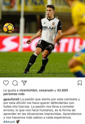 Gabriel Paulista pide perdón a la afición en su perfil de Instagram